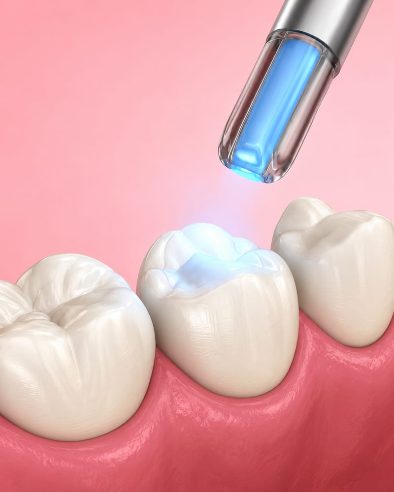 3D illustration of a tooth-coloured composite filling being placed into a cavity at Alpha Dental, Sutera Utama