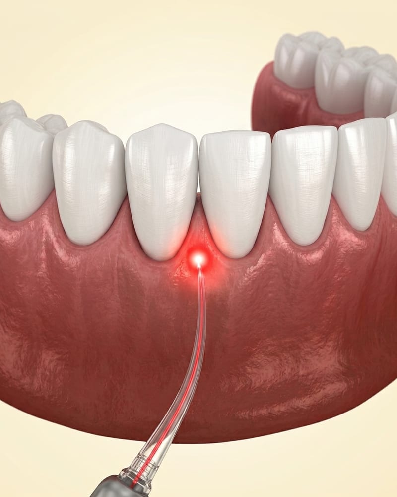 3D illustration of laser gum disease treatment targeting an inflamed gum pocket at Alpha Dental, Sutera Utama