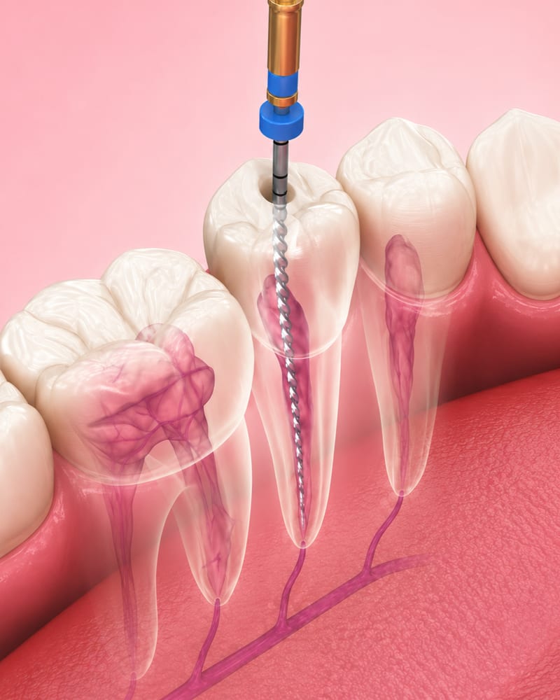 3D illustration showing the inside of a molar's root canals during treatment at Alpha Dental, Sutera Utama