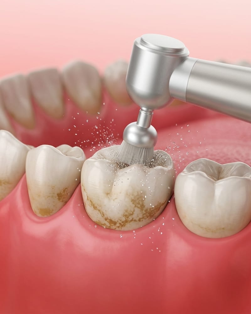 Dentist performing a routine scaling and polishing treatment on a patient at Alpha Dental, Sutera Utama